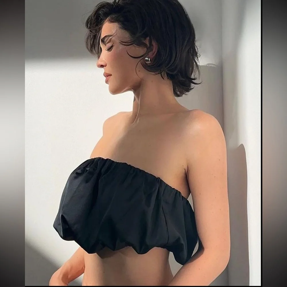 Final drop! Price firm! NWT HELSA black satin blouson tube top - XS - Picture 3 of 9